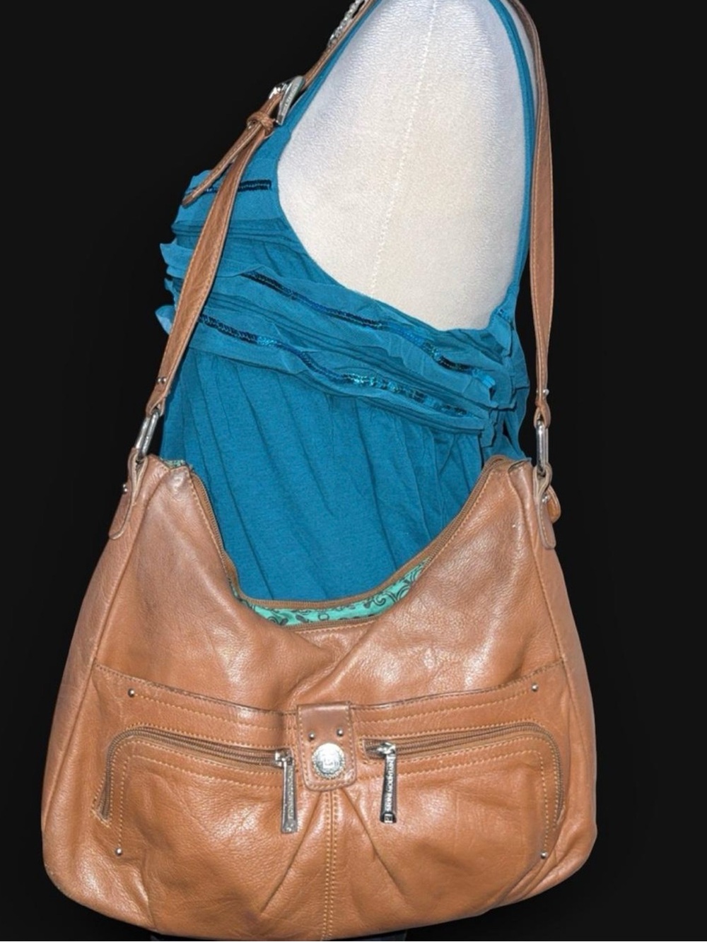 Stone Mountain Accessories Tan Leather Shoulder Bag with Teal Liner